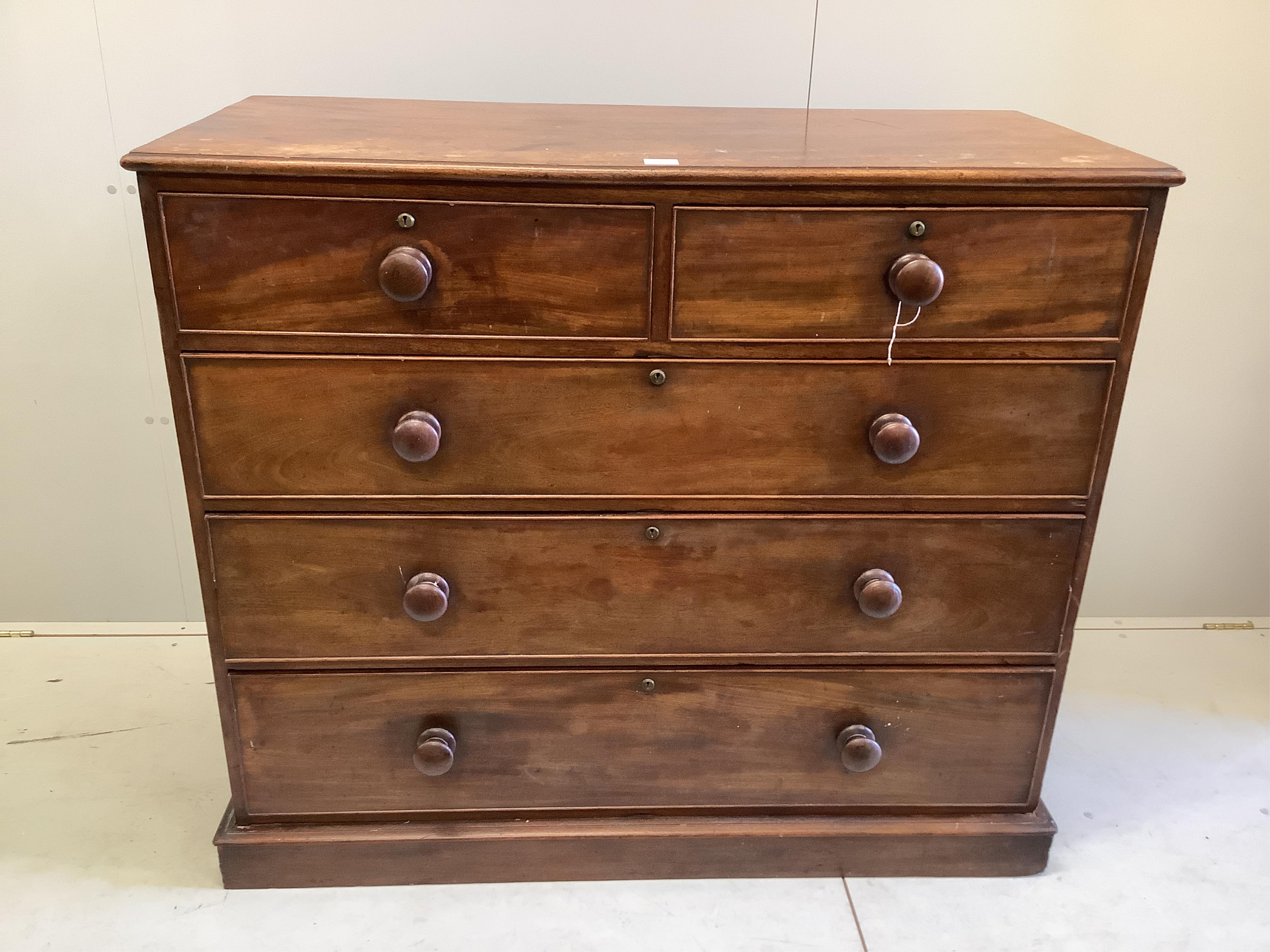 An early Victorian mahogany five drawer chest, width 124cm, depth 56cm, height 107cm. Condition - fair